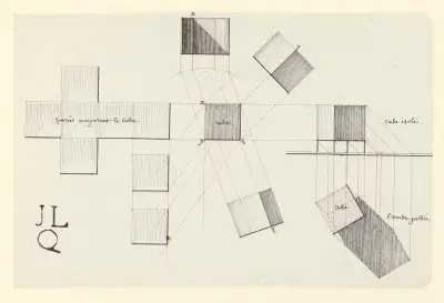 Quarrés composant le cube ; Cube isolé ; L’ombre portée von Jean Jacques Lequeu