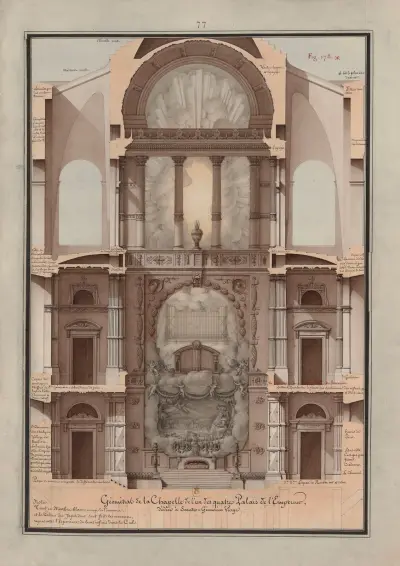 Rabat.Géométral de la chapelle de l’un des quatre palais de l’empereur, dédié à Sainte-Geneviève Vierge av Jean Jacques Lequeu