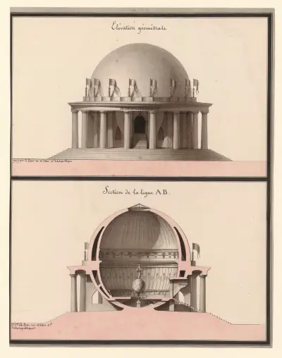 Temple consacré à l’Egalité. Elévation géométrale ; Section de la ligne AB von Jean Jacques Lequeu
