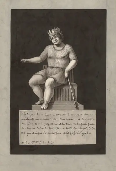 En despot, kallad en lärd, liknar ett dumt och elakt barn som skulle ha en mans styrka; och en jättes gestalt av Jean Jacques Lequeu