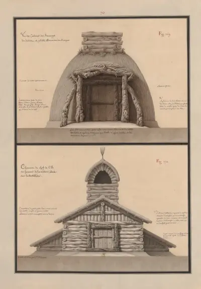 Une des cabanes des sauvages du desert, et plûtôt chaumine ou bicoque ; Chaumiere du chef de l’île des hommes de la nature, élevée sur la tortillière av Jean Jacques Lequeu