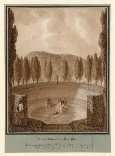 Vue de la fontaine des vallées Félix, située au carrefour du Mont Tilly, en la forêt de Vernon où se rend la route de François Premier alant à Charleval etc von Jean Jacques Lequeu