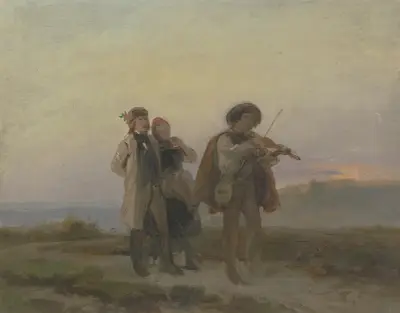 Abendlicher Spaziergang, Geiger und Bauernpaar auf den Feldern av Jakob Becker
