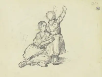 Auf dem Boden sitzende Frau mit einem neben ihr stehenden kleinen Mädchen mit erhobenen Armen von Jakob Becker