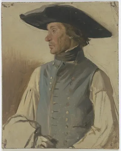 Bauer mit großem Hut und blauer Weste av Jakob Becker