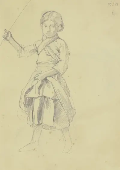 Bauernmädchen mit erhobenem Hütestöckchen in der Rechten von Jakob Becker