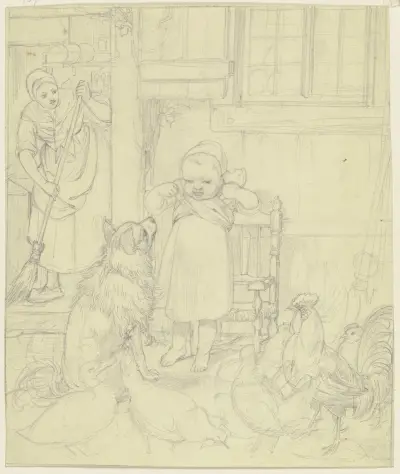 Bauersfrau, Kind, Hund und Hühner av Jakob Becker