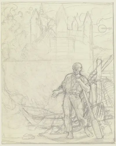 Ein Mann an einem zu Wasser gelassenen Boot, das Ruder in der Hand haltend, im Hintergrund der Wormser oder Speyerer Dom von Jakob Becker