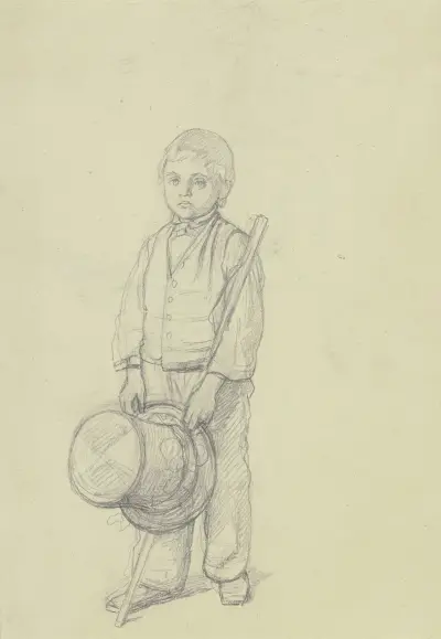 Liten pojke med stor cylinderhatt i handen av Jakob Becker
