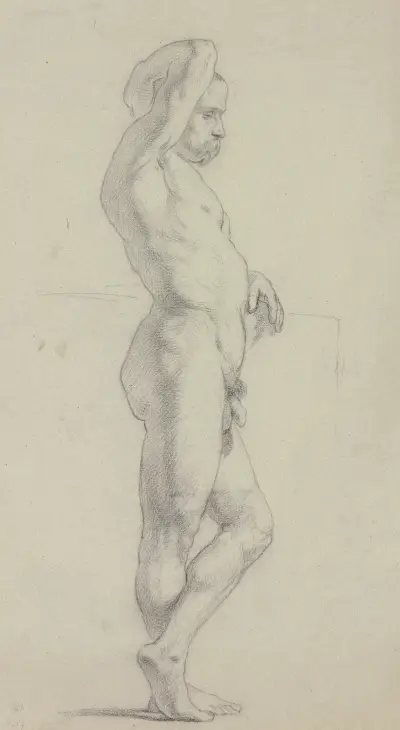 Manlig akt i profil åt höger, med höger hand bakom huvudet av Jakob Becker