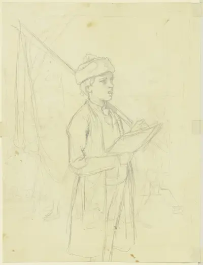 Singender Bauernjunge mit geschulterter Fahne, Jakob Becker
