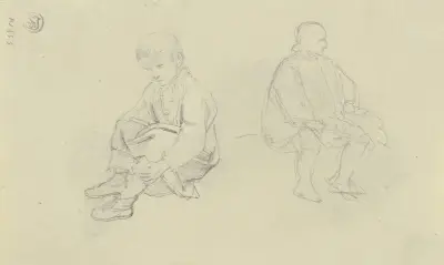 Studienblatt; Ein sitzender Junge und ein sitzender Mann av Jakob Becker
