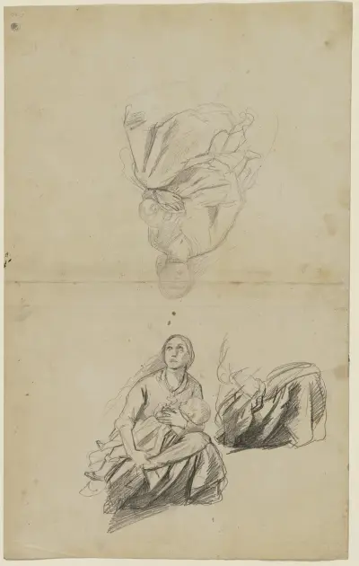 Studieblad; kvinna med barn, kvinnohuvud, ärm av Jakob Becker