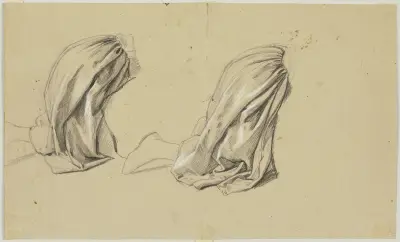 Studieblad; Knäböjande kvinnlig draperifigur 3 av Jakob Becker