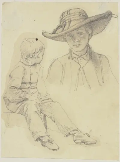 Studieblad; sittande pojke i profil och bröstbild av ung kvinna med hatt av Jakob Becker