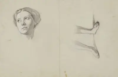 Studieblad; Kvinnohuvud, nakna fotpar av Jakob Becker