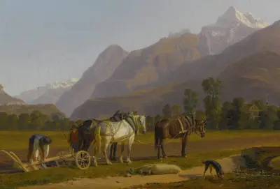 Landskap med plöjande bönder och hästar i kantonen Valais av Johann Jakob Biedermann