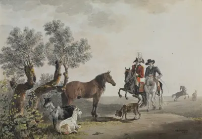 Två ryttare som tar vägen över en djurhage av Johann Jakob Biedermann