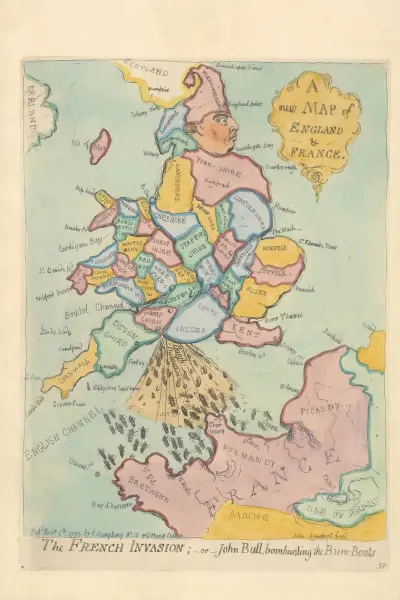 A New Map of England & France. The French Invasion; – or – John Bull bombarding the Bum-Boats av James Gillray