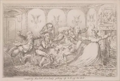 Company shocked at a lady getting up to ring the bell av James Gillray