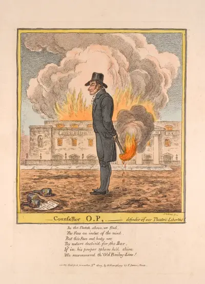 Counsellor O. P., defender of our theatric liberties av James Gillray