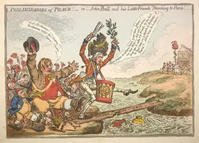 Preliminaries of peace! – or – John Bull and his little friends marching to Paris!. av James Gillray