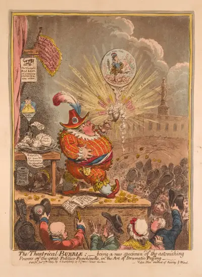 The theatrical bubble – being a new specimen of the astonishing powers of the great Politico-Punchinello in the art of dramatic puffing av James Gillray