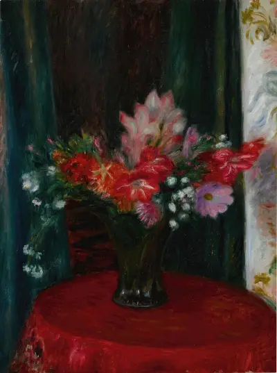 Bukett på röd bordsduk av William James Glackens