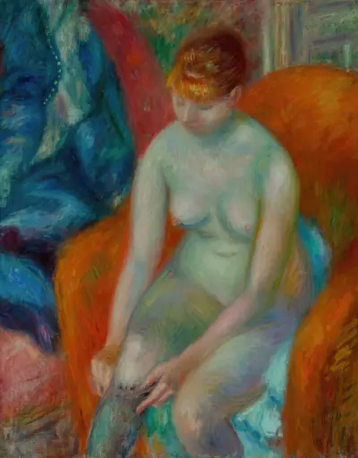 Akt som drar på strumpa (Akt med rött hår) av William James Glackens