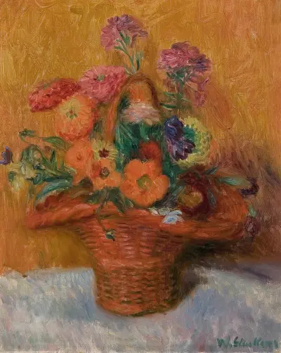 Röd korg med zinnior av William James Glackens
