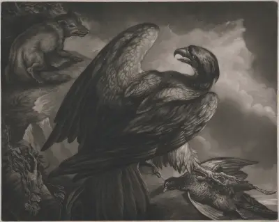 An eagle with a dead pheasant, watched by a fox av James Northcote