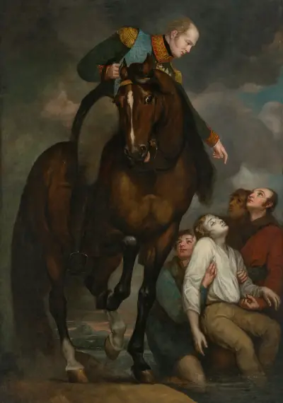 Emperor of Russia, reviving a man drowned in the River Wilna, Poland av James Northcote