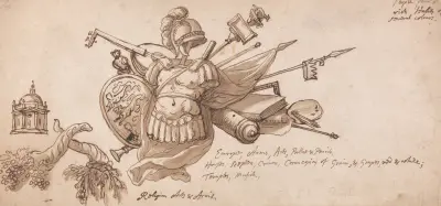 Design for a decoration incorporating motifs allusive to the Arts, Arms, and Religion av Sir James Thornhill