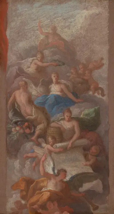 Gratitude Crowned by Peace, with Other Allegorical Figures of Industry, Fame and Plenty av Sir James Thornhill