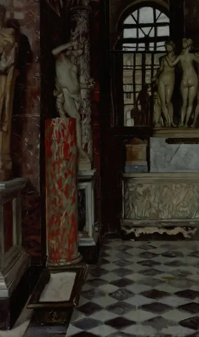A View of a Room of Greek, Roman and Etruscan Antiquities (Salle no. 9) in the Louvre av James Tissot