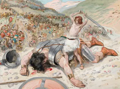 David hugger av Goliat huvudet av James Tissot