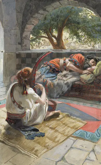 David spelar harpa inför Saul av James Tissot