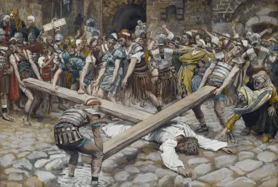 Simon från Kyrene tvingas bära korset med Jesus av James Tissot