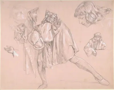 Studie av en ung man som böjer sig fram för att kyssa en hand, till målningen 'Den förlorade sonens avresa' av James Tissot