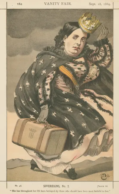 Vanity Fair; Royalty; ‘She has Throughout her Life been Betrayed by those who Should have been Most Faithful to Her’, Isabella II, Queen of Spain, September 28, 1869 av James Tissot