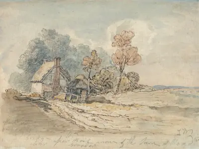 A Thatched Cottage and Trees at the Turn of a Country Road av James Ward