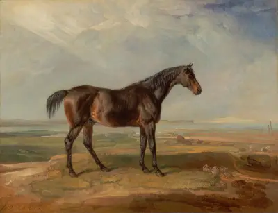 Dr. Syntax, a Bay Racehorse, Standing in a Coastal Landscape, an Estuary Beyond av James Ward