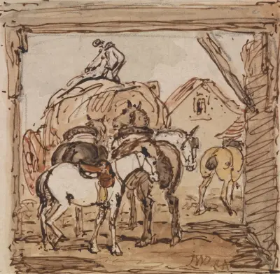 Gård med hästar av James Ward