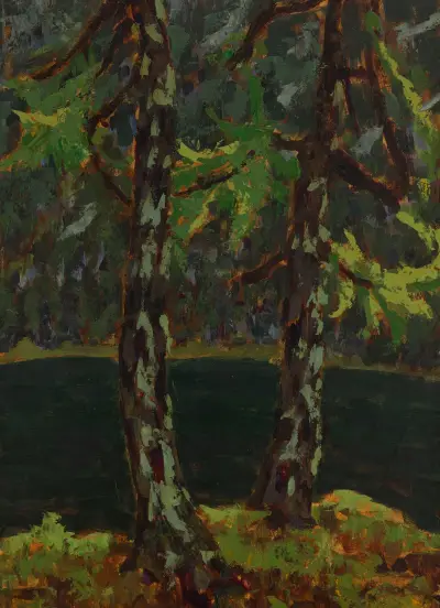 Larch Trees by the Lake in Dobiacco av Jan Bohuszewicz