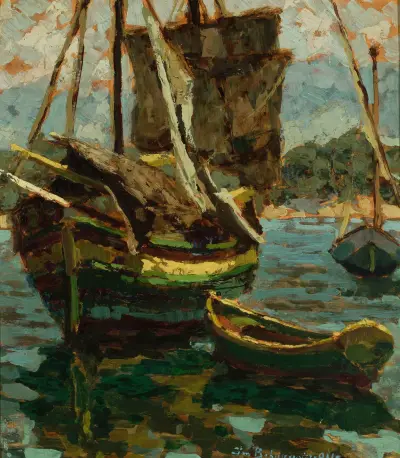 Old Brigantino and two boats av Jan Bohuszewicz