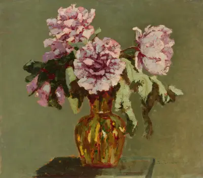 Peonies and small yellow flower-vase av Jan Bohuszewicz