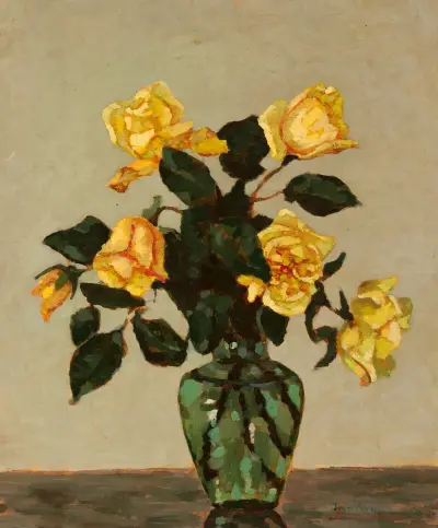 Yellow roses and green flower-vase av Jan Bohuszewicz