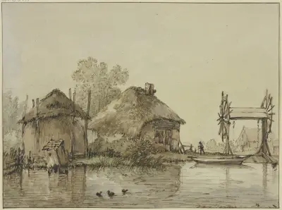 An einem Kanal ein Haus mit Scheune und eine Schleuse mit zwei Rädern av Jan Hulswit