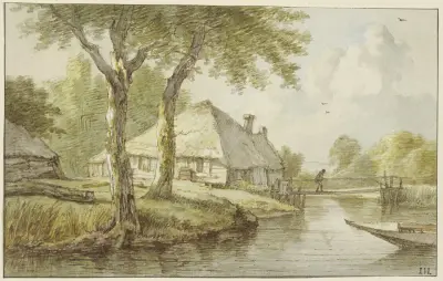 Bei zwei Bäumen ein Haus am Wasser, ein Steg, rechts die Spitze eines Kahnes av Jan Hulswit