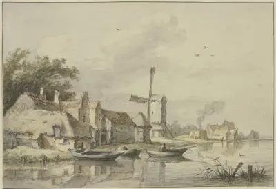 Dorf mit einer Windmühle am Wasser av Jan Hulswit
